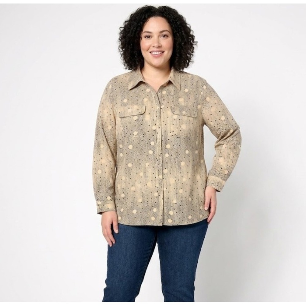 NY Collection Black Tan Polka Dot‎ Long Sleeve Button Down size 1X